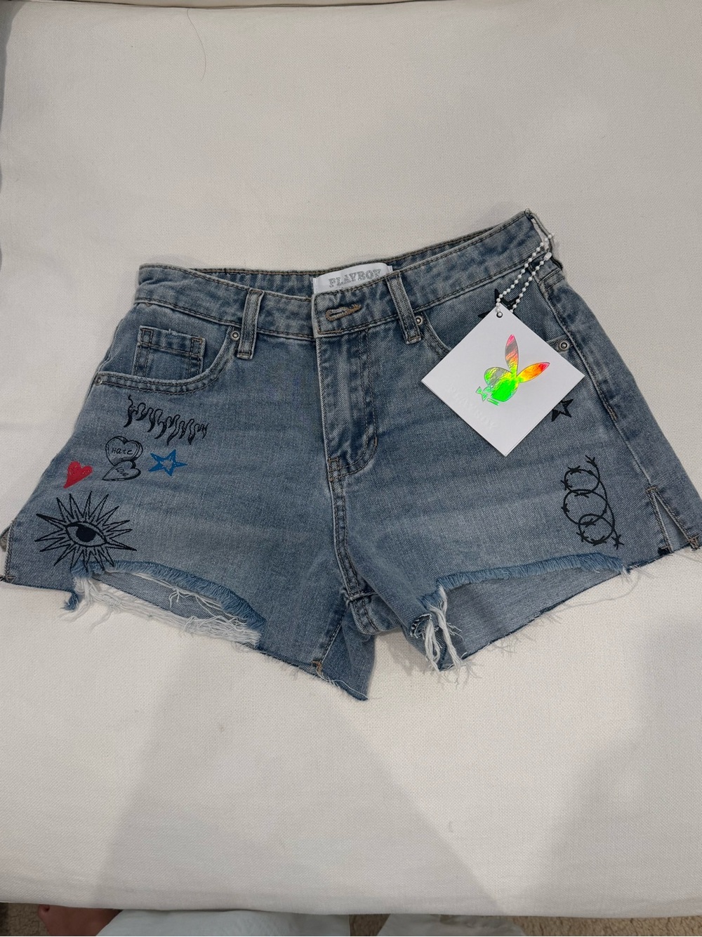 NWT PLAYBOY Light Blue Distressed Denim Shorts with Graphic Prints